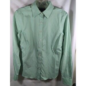 Lands' End Shirt Womans Long Sleeve Button Up Green/White Stripe No Iron Size 4